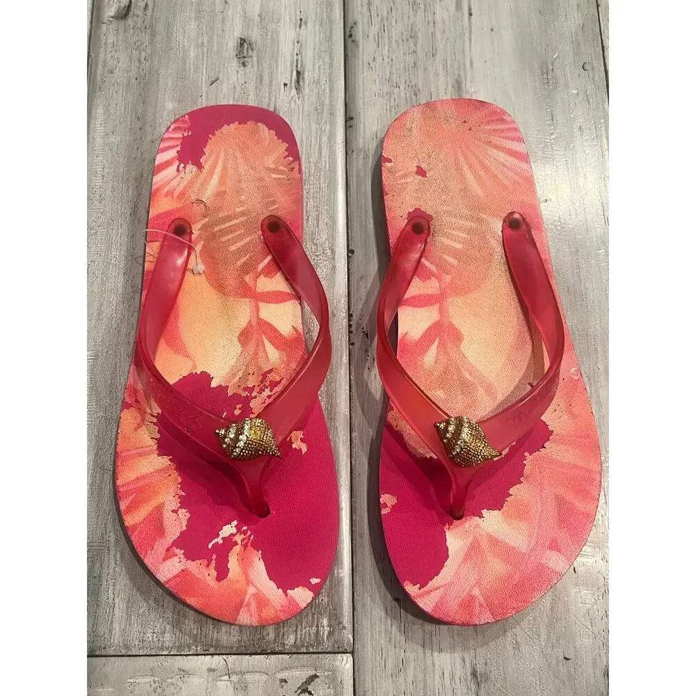 Miss Trish Tropical Pink Shell Rhinestone Flip Flops Y2K Resort Sandals 7